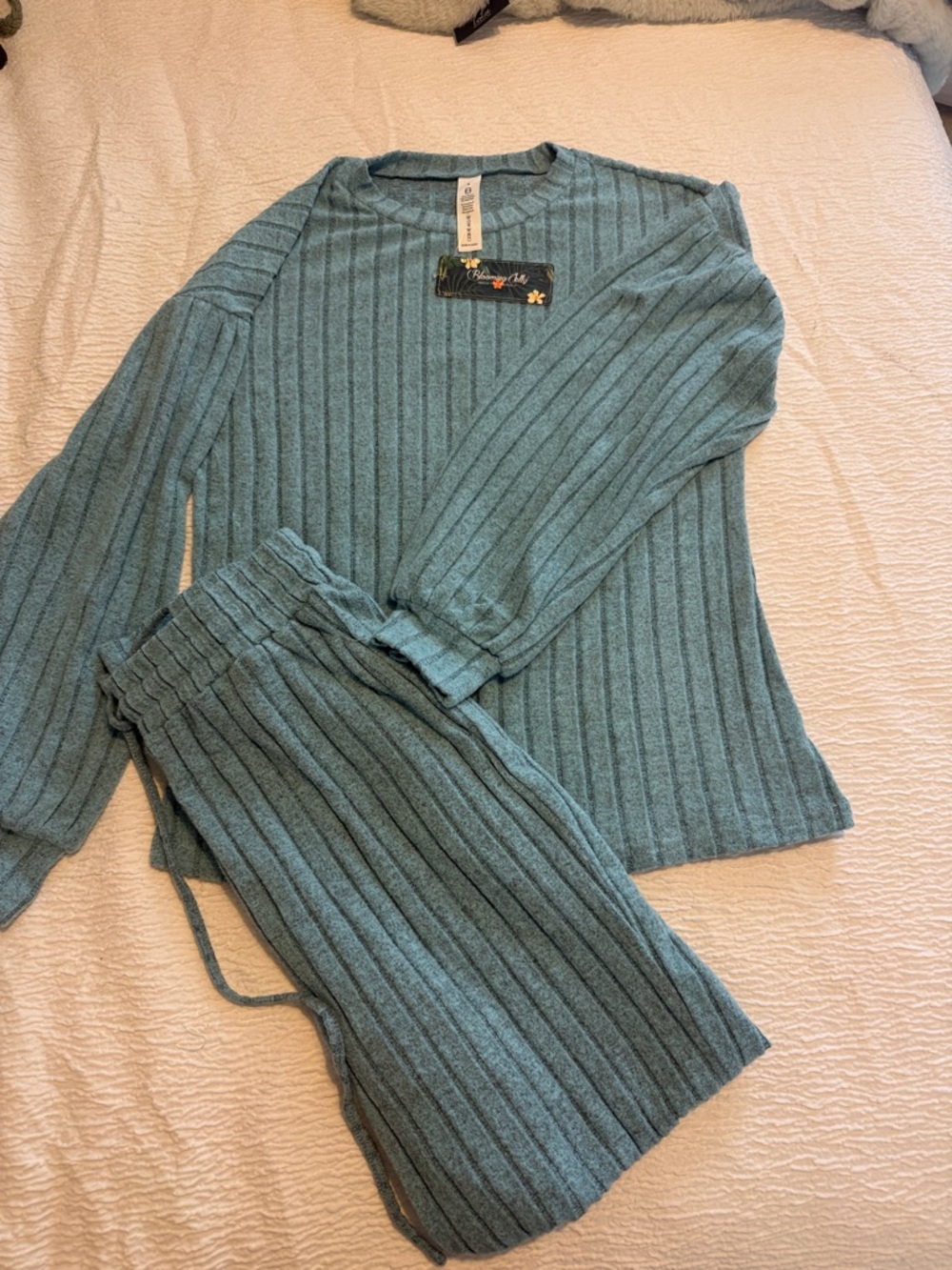 Cozy Ribbed Pajama Set - Teal Blue